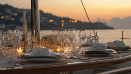 Exquisite dining ambiance on a yacht with sunset backdrop elegance and refined coastal lifestyle