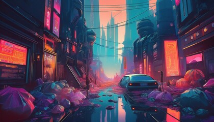 City scene highlights the importance of waste sorting, dirty street with garbage and parked car nearby