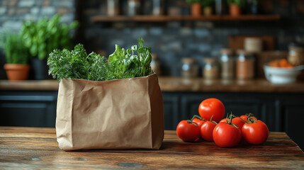 A brown paper bag filled with fresh greens and herbs sits on a rustic table, beside several bright red tomatoes. The kitchen background features various jars and plants, creating a warm atmosphere