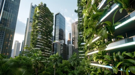 Obraz premium Urban Jungle: Futuristic Cityscape with Lush Greenery and Modern Skyscrapers in a Vibrant Metropolitan Landscape
