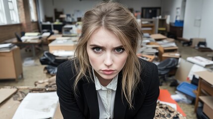 A focused businesswoman looks directly at the camera while seated in a disorganized office. The background features scattered papers and furniture, suggesting neglect and chaos