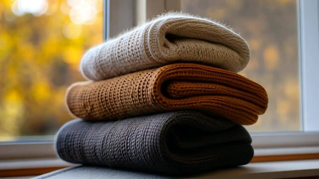 Autumnal sweaters stacked on windowsill