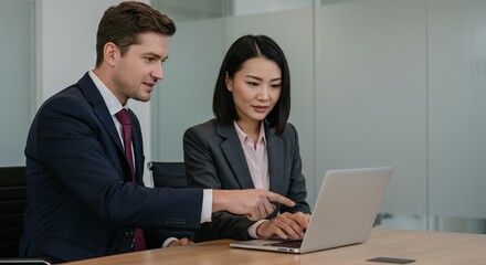 Obraz premium Diverse business team collaborating on laptop in modern office environment