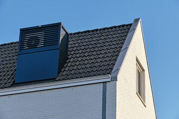 Modern row houses with integrated heat pumps HVEC on the roof in Assen., Netherlands