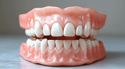 Obraz premium A detailed dental model displays upper and lower teeth in a dental clinic setting. The model emphasizes tooth structure and alignment, serving as a valuable educational tool