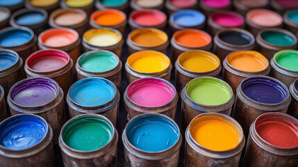 A vibrant collection of open paint cans showcases a spectrum of colors at a creative workspace. Artists can choose from various shades for their projects, enhancing creativity