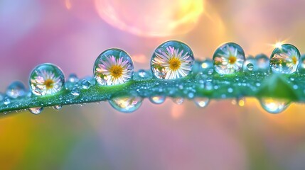 Naklejka premium Dewdrops on a leaf reflecting daisies at sunrise.