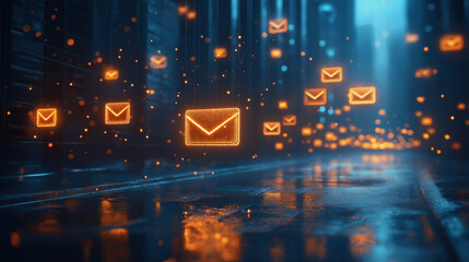A vibrant display of glowing orange envelopes hovers in a misty, futuristic city alleyway. The blue neon lights reflect on the wet pavement, creating an immersive atmosphere