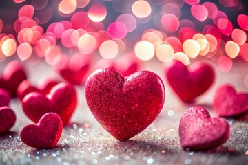 Fototapeta premium Romantic Valentine's Day Heart Background: Soft Focus Bokeh with Red and Pink Hearts