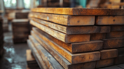 Naklejka premium A collection of neatly stacked wooden planks is displayed in a workshop. The warm tones of the wood complement the inviting atmosphere, highlighting the craftsmanship