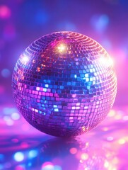 Obraz premium Shimmering disco ball reflecting vibrant neon lights creating a retro party atmosphere with a futuristic aesthetic and a dreamy vibe