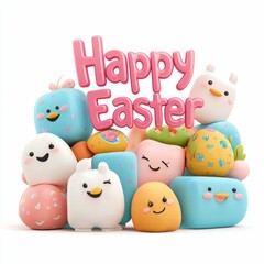 Obraz premium Easter clipart, Colorful Easter decorations with cute characters and festive text.