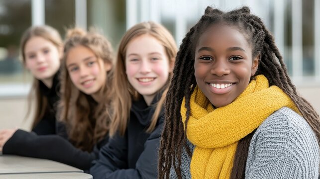 Five teenage girls sit together at an outdoor table, all smiling and enjoying their time. Bright sunlight highlights their cheerful expressions and cozy winter attire