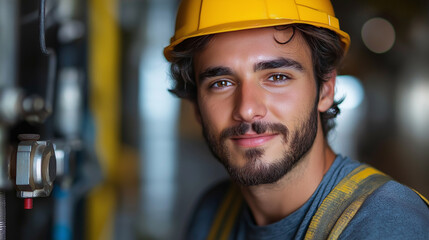 A young man wearing a yellow hard hat and work attire takes a moment to relax while surrounded by construction equipment. His friendly smile reflects the camaraderie of the job site