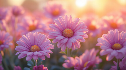 Colorful pink flowers fill the garden as sunlight filters through petals, creating a warm and inviting atmosphere. The scene captures nature's beauty and tranquility at dawn