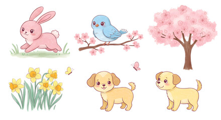 Obraz premium Cute Spring Animals and Flowers Cartoon Illustrations on Black Background