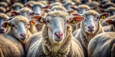 Obraz premium Rural Livestock: Close-up of Sheep with Ear Tags, Documentary Style