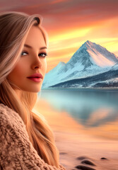 Fototapeta premium Woman with blonde hair is standing in front of a mountain and a lake. The scene is serene and peaceful, with the woman looking out at the water and the mountains in the background