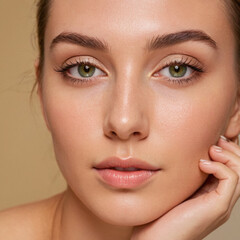 Obraz premium Gorgeous Woman's Radiant Face with Striking Green Eyes and Flawless Skin