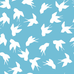 Seamless pattern with swallow silhouette on color background. Cute bird in flight. Vector illustration. Doodle style. Design for invitation, poster, card, fabric, textile.