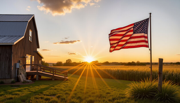 American flag waving on rural farm at sunset