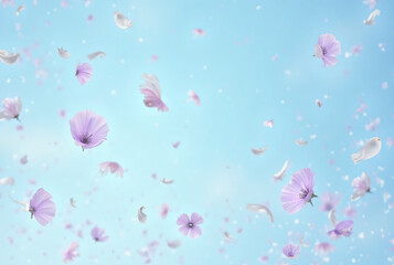 Generated image, pink Petals scattered on blue skybackground