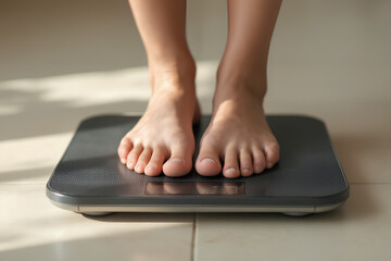 woman's feet standing on black scale, suitable for fat women, diet and fitness who are checking their weight