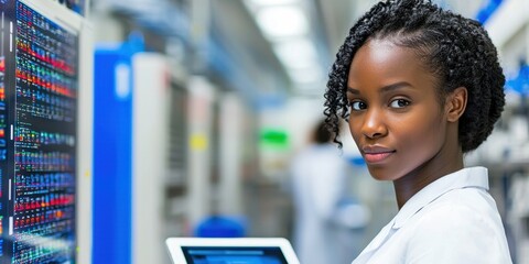 A focused scientist analyzes complex data on a digital screen in a modern laboratory. The environment features advanced technology and a bright atmosphere, showcasing research activities