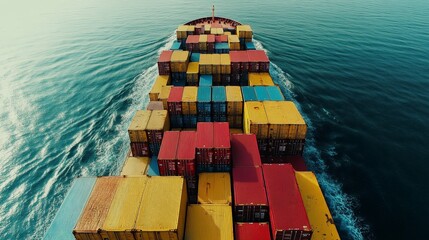 Aerial View of a Cargo Ship Full of Containers on the Ocean
