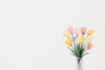 Colorful bouquet of tulips in a glass vase on a minimalistic white background, symbolizing spring freshness and joy, with soft pastel colors enhancing the floral beauty