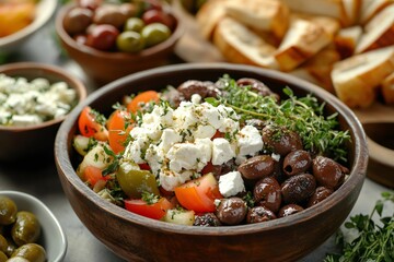 Wooden bowl presenting greek salad with kalamata olives, tomatoes, feta cheese, and thyme