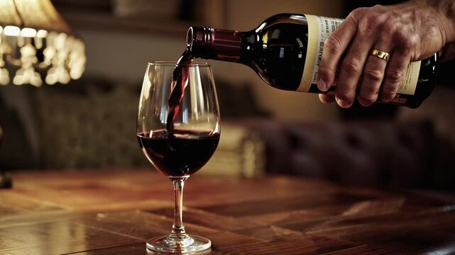 Titulo: Elegant hand pouring red wine into a glass on wooden table