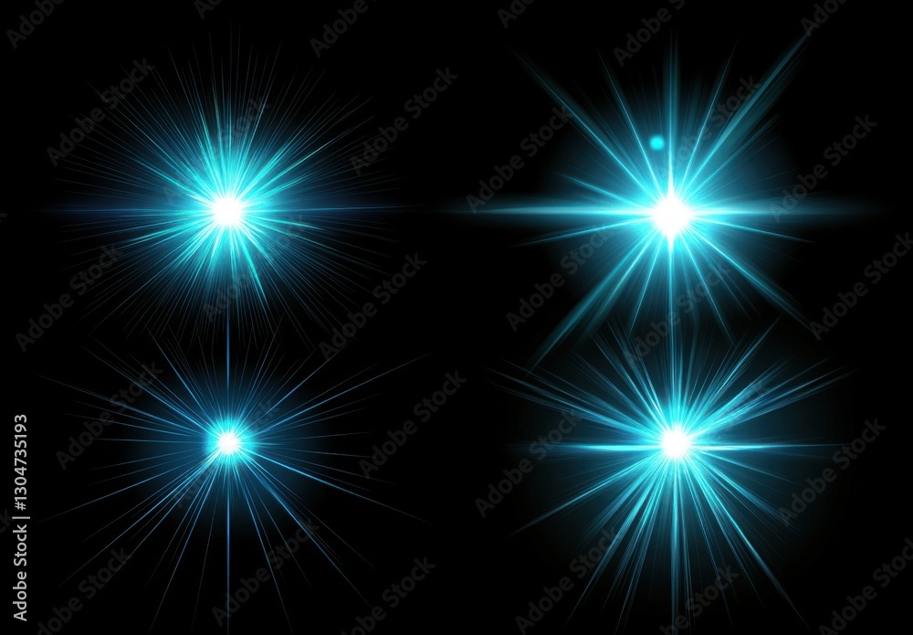 Poster set of glowing light effect stars with lens flare on a black background, vector illustration. the co