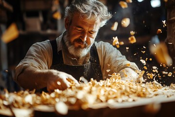 Carpenter working wood in workshop with flying wood shavings