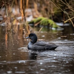 Duck swimming in pond with foliage backdrop