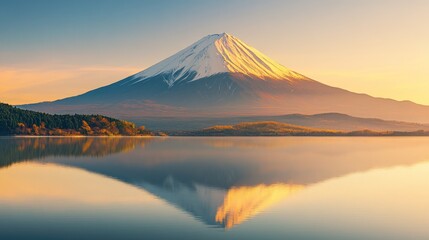 Majestic Mount Fuji reflecting in serene lake at sunrise.