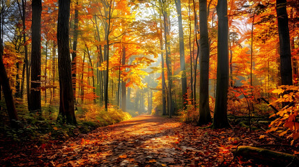 Obraz premium Serene Autumn Forest Path: A Tranquil Journey Through Nature's Colorful Transformation