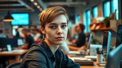 Androgynous individual in a modern workspace engaging with colleagues during a productive afternoon