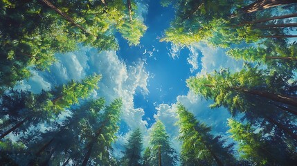 Low angle view of tall trees and blue sky with clouds in a forest.