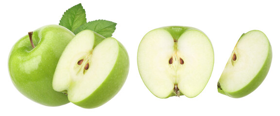 green apple (granny smith apple) with leaves, half and slices isolated, transparent PNG, PNG format, cut out