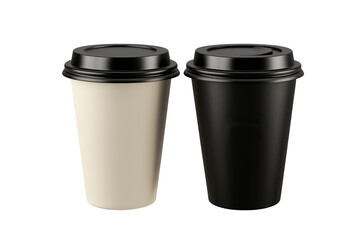 Two disposable coffee cups with black plastic lids, one white and one black, emphasizing convenience and portability for coffee on-the-go. Ideal for branding or promotional materials.
