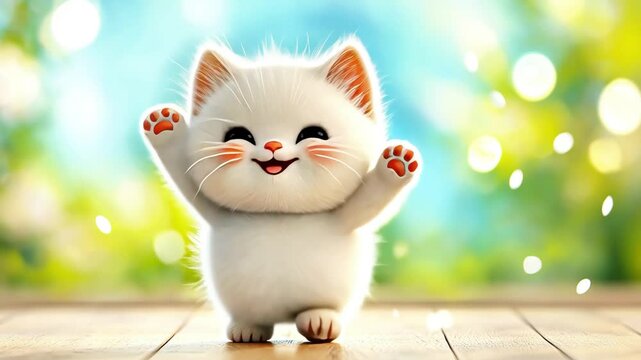 Cute little cheerful kitten dancing. Happy joyful white cat dancing funny and smiling. Funny animation with cartoon kitten
