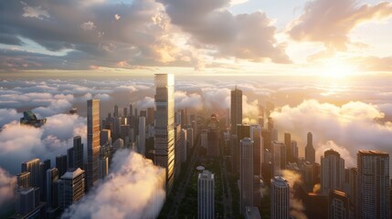 Fototapeta premium Aerial View of Modern City Skyline at Sunset with Clouds and Golden Light Reflected on Skyscrapers