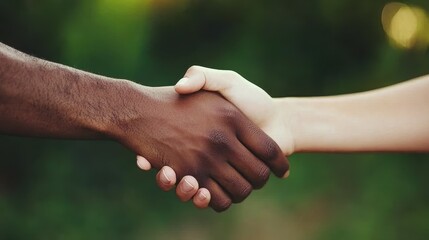 Hands of different skin tones clasp in a handshake, showcasing a moment of connection and mutual understanding in a vibrant outdoor environment filled with greenery