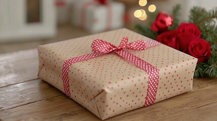 A beautifully wrapped gift in brown paper with red polka dots sits on a wooden table. Nearby, fresh red roses and soft holiday lights create a warm, festive atmosphere