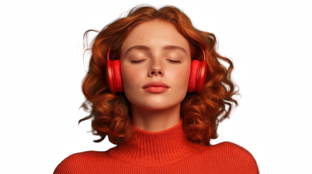 A woman with red hair wearing red headphones with her eyes closed and enjoying music - Powered by Adobe