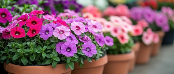 Naklejka premium Vibrant petunia blooms in terracotta pots a colorful display of spring flowers in soft focus garden setting