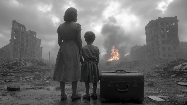 Mother and daughter refugees leaving destroyed city after war with suitcase. World War 2