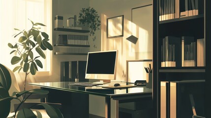 Cozy home office, sunlight streams in, peaceful scene, perfect for productivity, digital illustration, stock photo