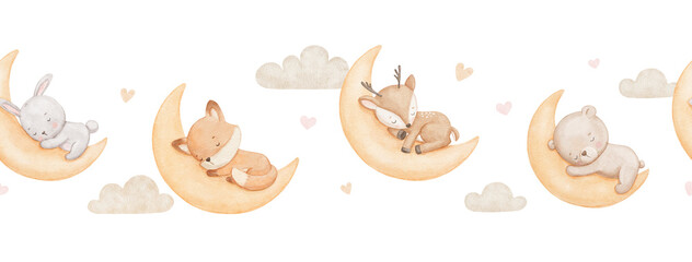 Obraz premium Seamless border with cute baby deer, bunny and bear sleeping on moon, watercolor illustrations. Woodland animals, repeating hand drawn design on white background